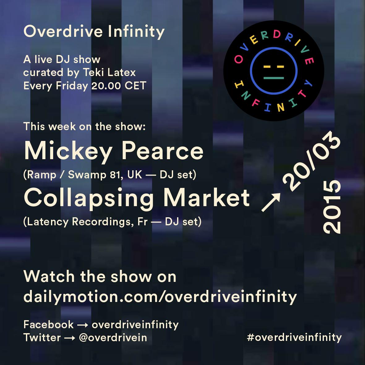Overdrivein's tweet photo. TOMORROW ON #OVERDRIVEINFINITY :
@mickeythepearce (@SWAMP81, UK)
and
#CollapsingMarket (#LatencyRecordings, Fr) http://t.co/ni5QToGJZI