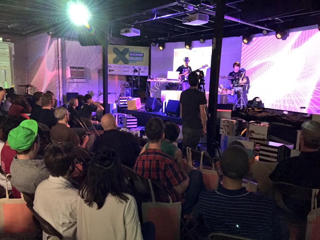 Ableton's tweet photo. The #SXSW #AbletonSpaces workshops continue w/ @C0m1x_ on bass & Paul Brenner of @joywavemusic on drums @Dubspot http://t.co/BMuBqt81Xo