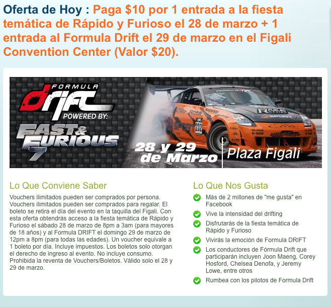 FormulaDriftPTY's tweet photo. Aprovecha! Paga 10 y recibe una entrada para el Furious Party y el Drift Show. 28 y 29 de marzo Fórmula Drift http://t.co/52SFWXe82s