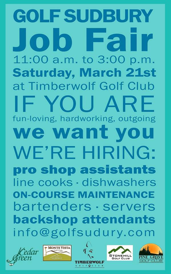 CedarGreenGC's tweet photo. Need a job? Don't forget to come to the job fair this Saturday, all Golf Sudbury courses hiring! 11-3 at Timberwolf http://t.co/2yRkGKqfbg