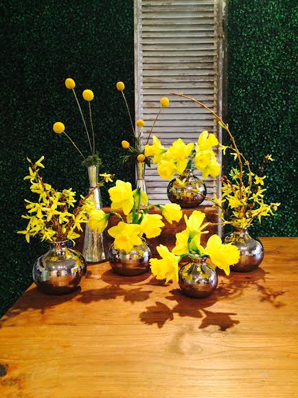 MerveilleEvents's tweet photo. Bright yellow Daffodils &amp; Billy Bobs in metallic vases for a #SXSW event! Feeling very #springy w/ these arrangements http://t.co/kO6RmOAz7v