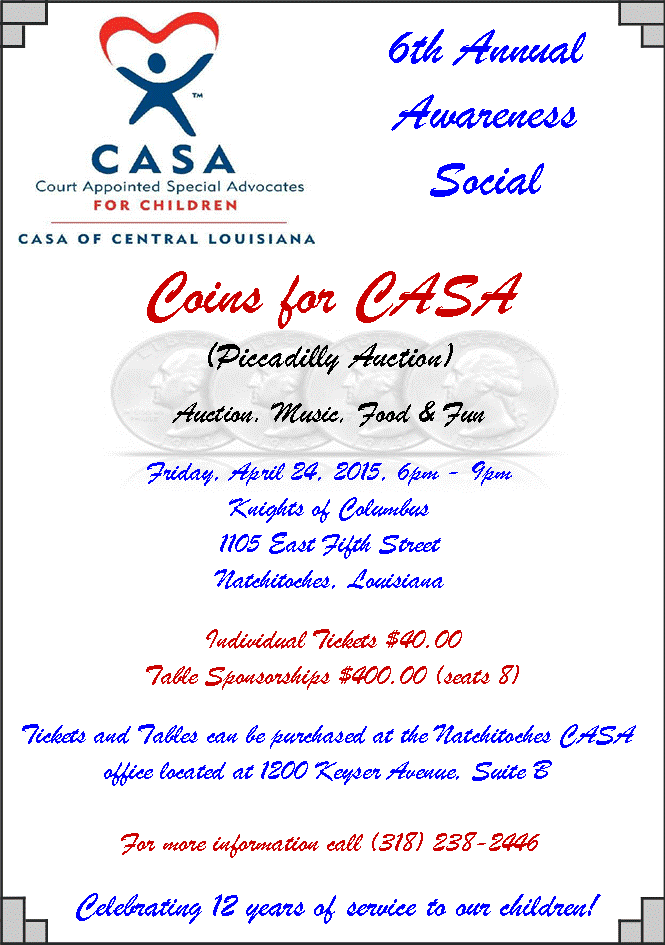 CASAofCenla's tweet photo. Help Spread the word about this wonderful event! For more information please contact us at 318-238-2446. http://t.co/DyxN4LDxD7