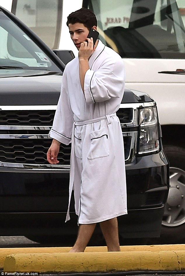 #NickJonas spotted on the set of #ScreamQueens in New Orleans wearing nothin' but a bathrobe *hubba hubba*