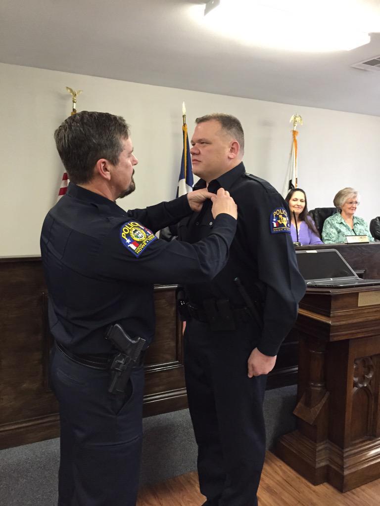 HowePolice's tweet image. Chief Carl Hudman pins badges on new officers Tues night. Welcome Officer Keith Milks and Officer Brandon Ozuna