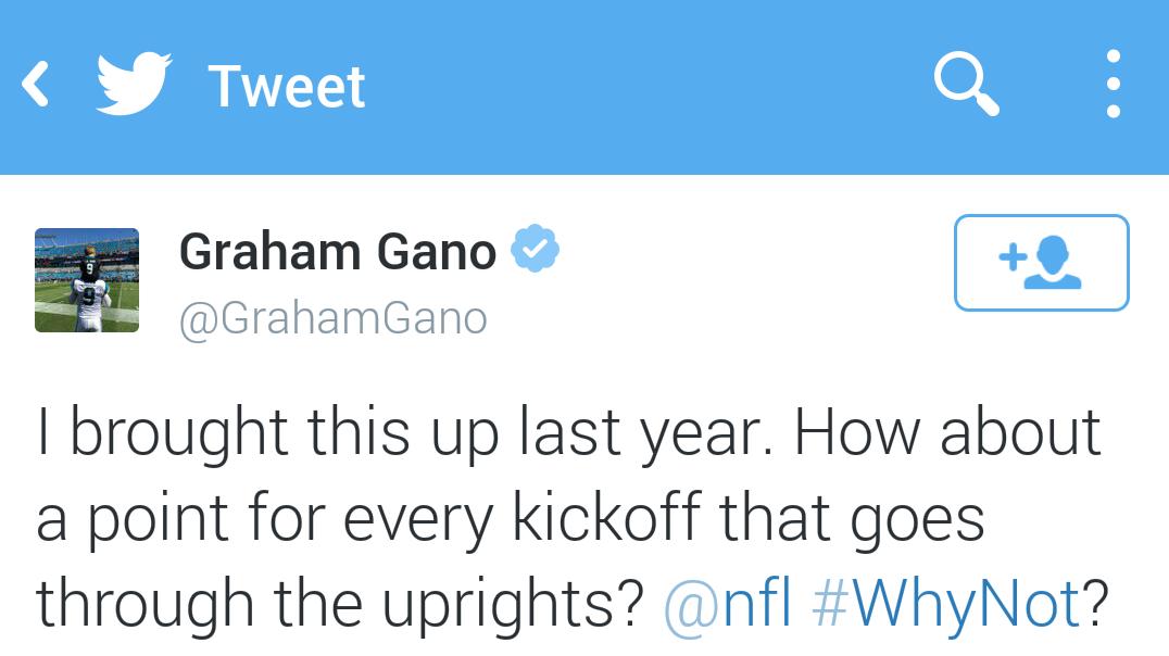 nflnetwork's tweet photo. Interesting rule proposal via @Panthers K @GrahamGano. 

Thoughts? http://t.co/0QjTW5hRzE