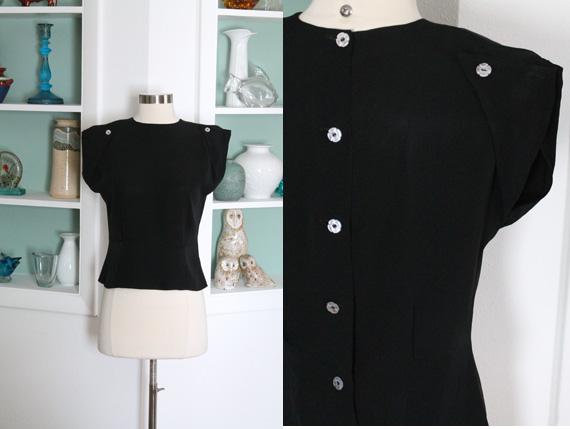 Newly listed! 1940s Black Blouse / Vintage 40s 50s Black Rayon Button Back Top etsy.me/1B5Ru1z via <a href="/Etsy/">Etsy</a>