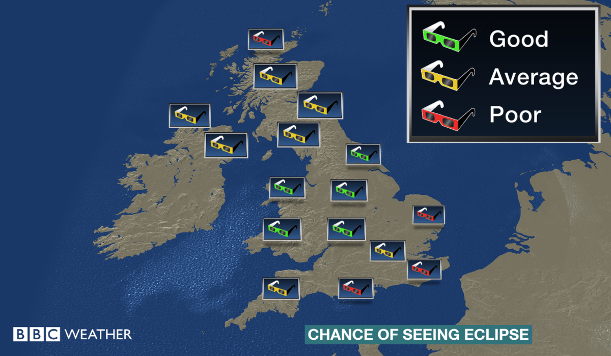 bbcweather's tweet photo. Here's an idea of your chances of viewing the #Eclipse2015 tomorrow.Timing of cloud breaks will be crucial. Jo http://t.co/O1iTHgtxmh