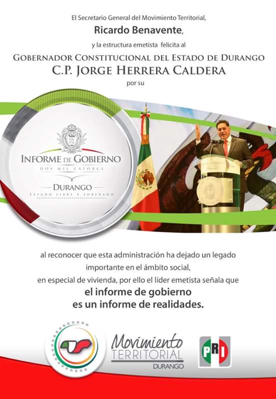 MTestatalDGO's tweet photo. En el MT nuestro líder @RICARDOBENAVENT y dirigencias municipales felicitan a @JHerreraCaldera por su #Informe2014Dgo http://t.co/NkGBWBtoKE