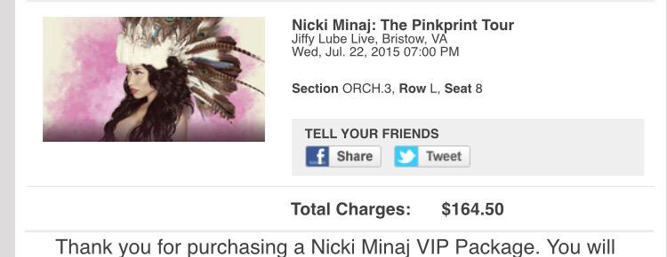 TheBlondDon's tweet photo. Wednesday July 23rd 2015 - Bristow VA
Orchestra 3
Row L Seat 8 ๐๐๐
#PinkprintTourUS ๐๐๐ cannot wait ! @NICKIMINAJ http://t.co/NhsMDbXyL3