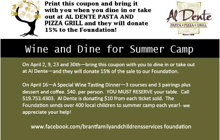 BrantFACS's tweet photo. Thursdays in April at Al Dente for summer camp!  Print coupon for dine in or take out! http://t.co/dEp9lycKxU