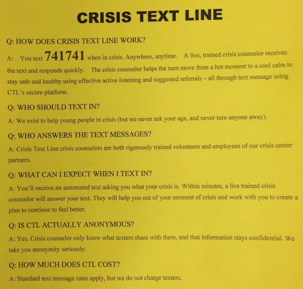 SDHS_SADD's tweet photo. Are you, or someone you know, struggling but there seems like there's no one to talk to? Text 741741 to receive help! http://t.co/IP2nnxvVu5