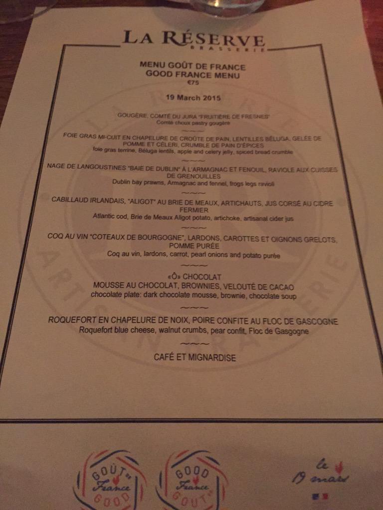 LaReserve1's tweet photo. @good_france night @LaReserve1 with @taralooney @niamhw10 @sportorafans 
#GoodfFrance #ranelagh 
Here's our fab menu http://t.co/r9kbmaJYfQ