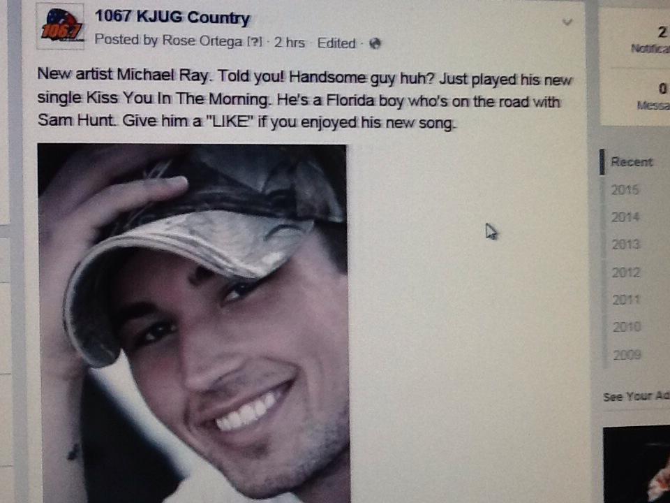 1067KJUGCountry's tweet photo. @Michaelraymusic you're blowing up our FB page! @roseortega on air said you're handsome & posted your pic! #Chixdigit http://t.co/iF3g2Lj8O1