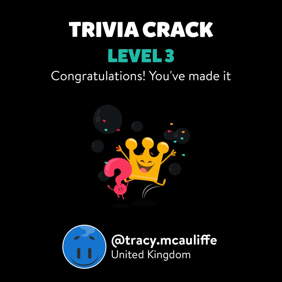 tracyjaneanne's tweet photo. @tracy.mcauliffe just leveled up to Lv. 3 on Trivia Crack!  http://t.co/794mUiBa6g http://t.co/6zGxTwcG8Q