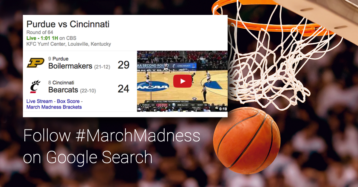 Google's tweet photo. Can’t watch the whole game? Follow the score on Search &amp; catch video recaps from the big plays #MarchMadness http://t.co/hIZFppfB1a