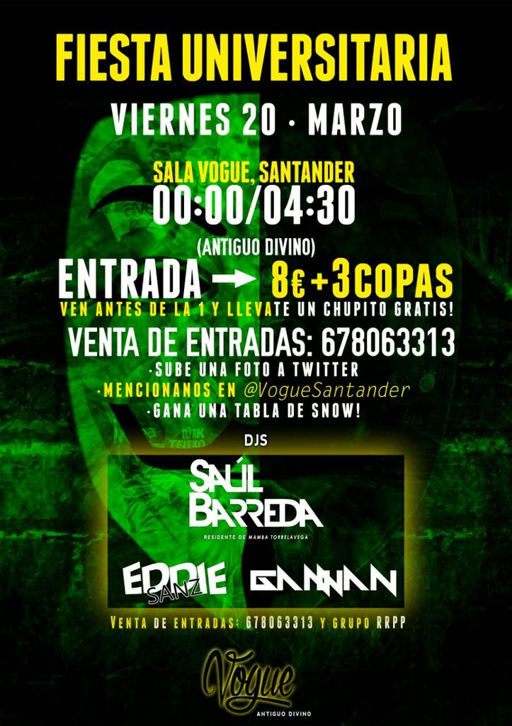 8_pub's tweet photo. Mañana fiesta universitaria en el @VogueSantander  la vamos a liar. http://t.co/BcNp0psiPq