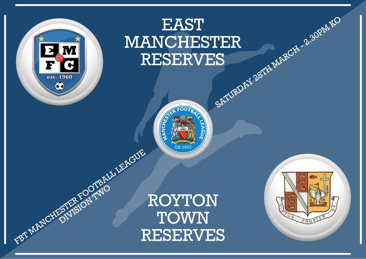 East Manchester FC (@eastmancfc) on Twitter photo SATURDAY 28TH MARCH
@FBTMFL Division Two
East Reserves v Royton Town Reserves
<a href="/WriRobLeisure/">Wright Rob Leisure</a>
2.30pm Kick Off SATURDAY 28TH MARCH
@FBTMFL Division Two
East Reserves v Royton Town Reserves
<a href="/WriRobLeisure/">Wright Rob Leisure</a>
2.30pm Kick Off