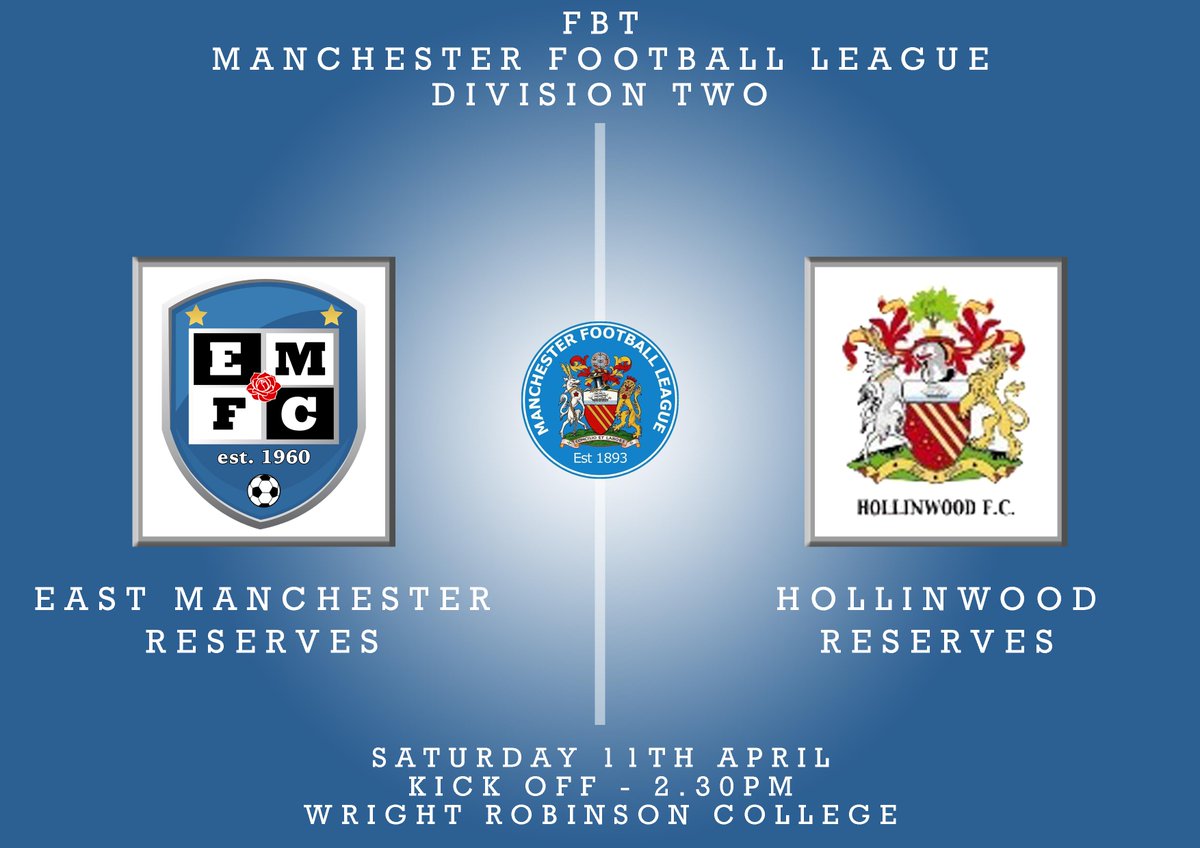 East Manchester FC (@eastmancfc) on Twitter photo SATURDAY 11TH APRIL
@FBTMFL Division Two
East Reserves v <a href="/Hollinwoodafc/">Hollinwood F.C</a> Reserves
<a href="/WriRobLeisure/">Wright Rob Leisure</a>
2.30pm Kick Off SATURDAY 11TH APRIL
@FBTMFL Division Two
East Reserves v <a href="/Hollinwoodafc/">Hollinwood F.C</a> Reserves
<a href="/WriRobLeisure/">Wright Rob Leisure</a>
2.30pm Kick Off