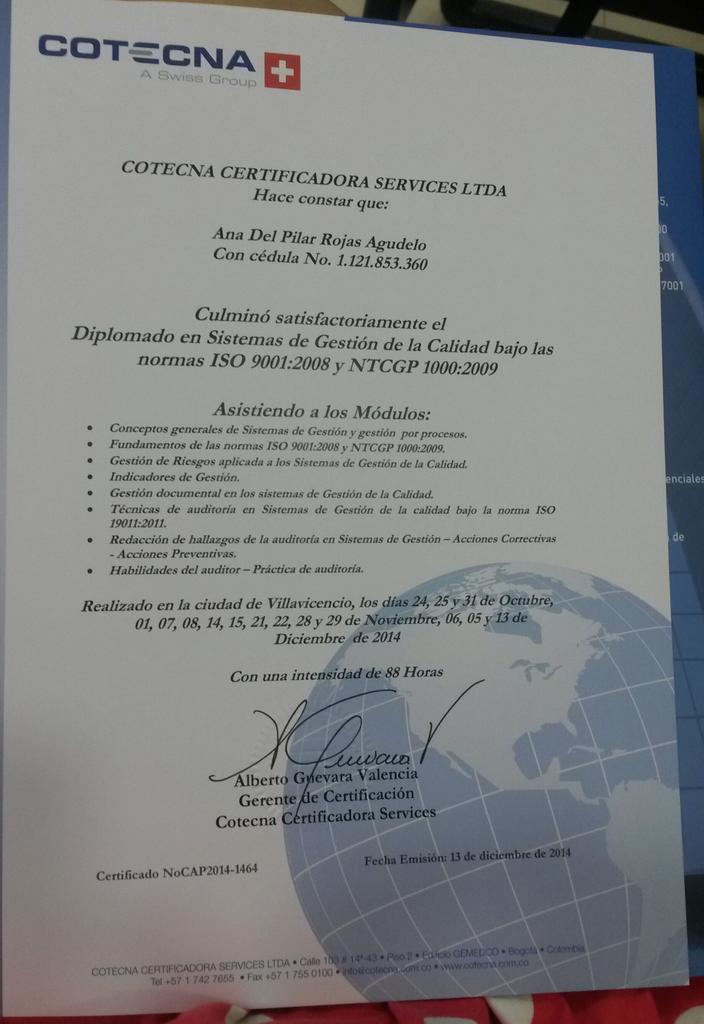 PILARROJAS100's tweet photo. Super feliz otro logro profesional @DiplomadoEnSistemasDeGestionDeCalidad en: #ISO9001:2008 #NTCGP1000:2009 #Cotecna http://t.co/ipqFvMdjc6