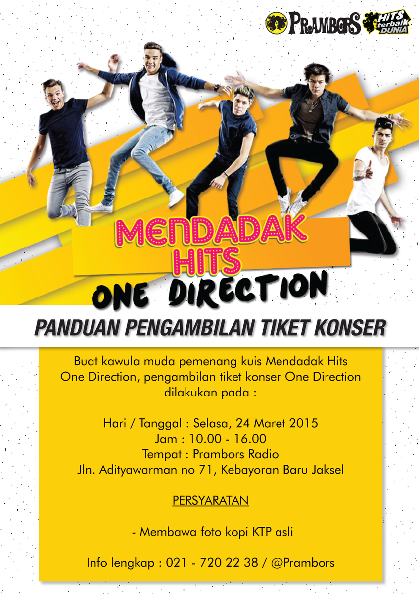 Prambors's tweet photo. buat kawula muda yang kemarin dinyatakan pemenang #Mirip1D, jangan lupa yaa untuk ambil tiketnya. info lengkapnya http://t.co/BpqxFEWEBF
