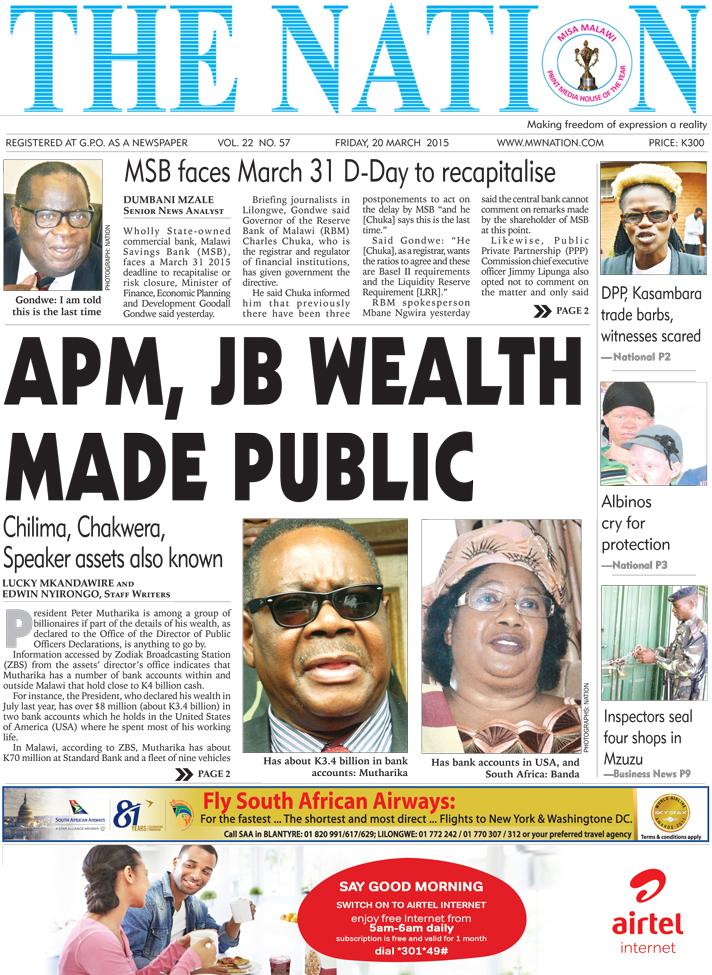 NationOnlineMw's tweet photo. Today's THE NATION
Top Story: APM, JB wealth made public
Chilima, Chakwera, Speaker assets also known http://t.co/UrPW78JlBA