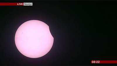 GW1962's tweet photo. HERE IT IS: #SolarEclipse in parts of UK this @BBC image taken in Cornwall. S YORKS cloudy best 9.30am #StarEclipse http://t.co/2IKwbr2nz0