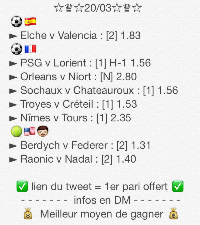 FDP_Pronos's tweet image. ☆♛☆ Pronos 20/03 ☆♛☆

♻️RT♻️ + DM pour obtenir notre meilleur ticket ❤️🐴

Pari offert 🎁 ► urlz.fr/W7O