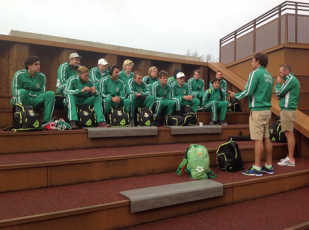badgerturbo's tweet photo. @SwimSouthAfrica men's team talk before the 6-4 WIN vs Austria this morning. Game Tonight vs hosts @DanskVandpolo http://t.co/ilhd5q1Edn