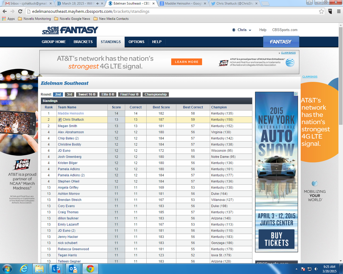 ChrisShattuck's tweet photo. Currently #2 in the @EdelmanATL office pool thanks to the @GSUPanthers! #StillDancing #GSU #BreakingBrackets http://t.co/DXi0IvxOUi
