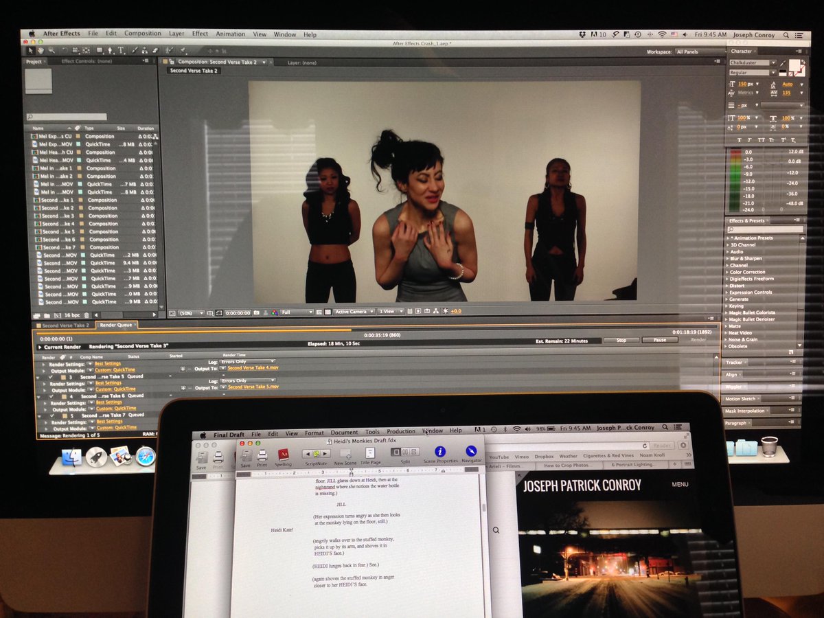 JosephPConroy's tweet image. Denoising/transcoding footage from @melmelpuff #MusicVideo shoot, script reformats, website updates #multitaskmaster