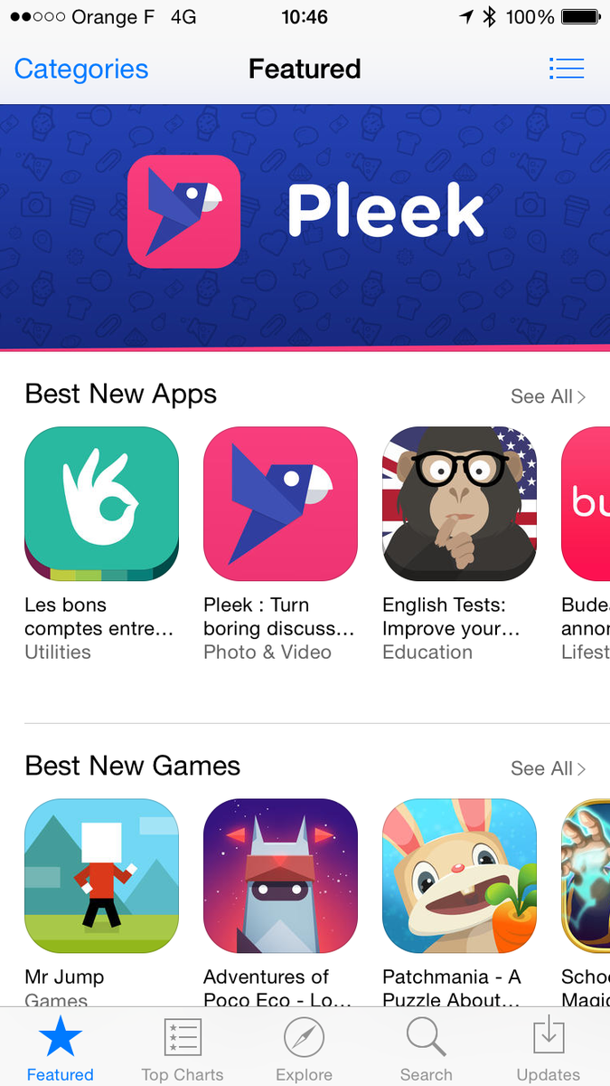 Charles_Liebert's tweet photo. Oh, la classe, @pleekapp en home et #bestApp sur l'AppStore !! http://t.co/nca415QzWR 
Kudoz @cyrilpaglino ;) http://t.co/Xrc6ulfYYD