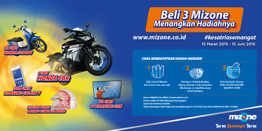 mizoneid's tweet photo. Buat harimu terus semangat terus! Beli 3 Mizone bisa dapat motor, TV, HP, pulsa &amp; uang tunai! http://t.co/JBYZDB4sU6 http://t.co/FlnU3D88yD