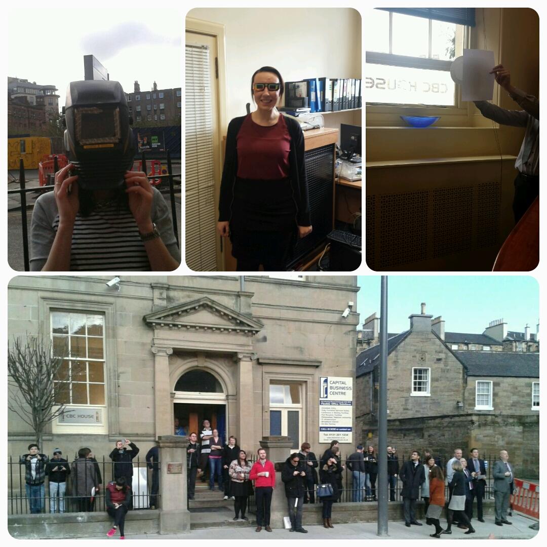 cbchouse's tweet photo. CBC House enjoying the eclipse in a variety of ways:glasses, pinhole camera and even a welding mask! #SolarEclipse http://t.co/7UJjcM0s2v