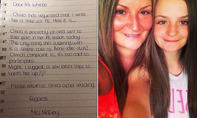 Mum writes hilarious sick note for daughter who didn't want to do PE dailym.ai/1MTL8c5