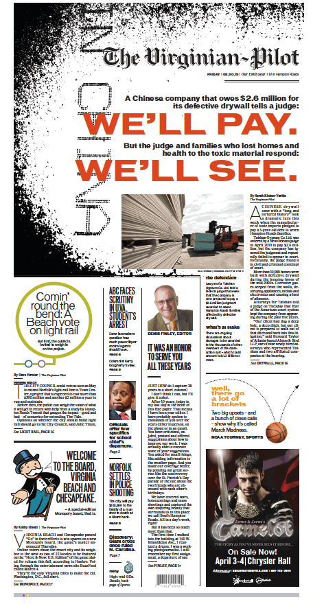 virginianpilot's tweet photo. Today's Virginian-Pilot front page. 

Chinese drywall maker promises to pay 7 local families: http://t.co/RfsWbhkkez http://t.co/HpaYmMrZSH