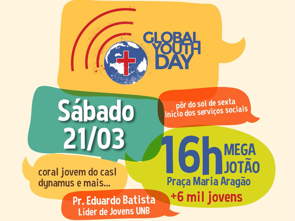 Todos os jovens estão convocados para a celebração do #GlobalYouthDay 21/03, às 16h na pç Maria Aragão, São Luís-MA