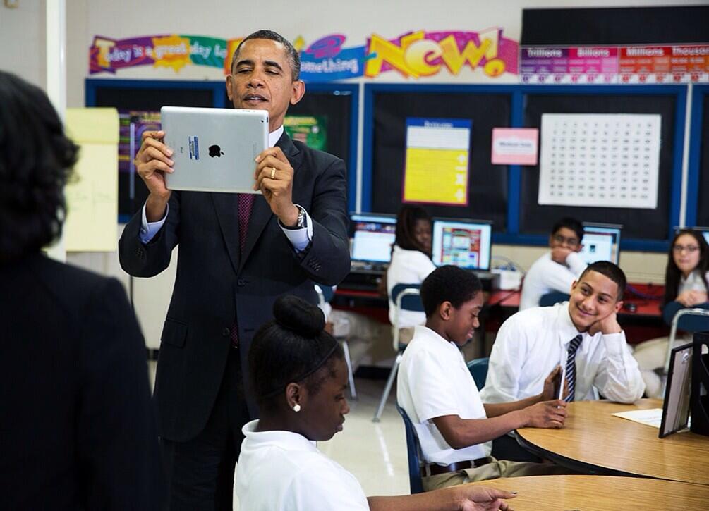 ObamaWhiteHouse's tweet image. "When we expect free WiFi with our coffee, then we should at least have it in our schools" —Obama #WHFilmFest