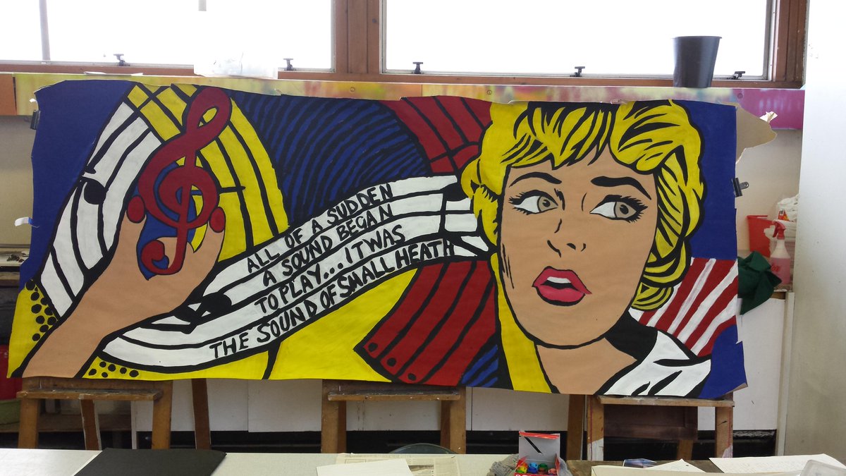 SmallHeathArt's tweet photo. 7A pupils were inspired by Lichtenstein to create this banner for the @for_wards event at Small Heath Library today. http://t.co/CU5ramSUID
