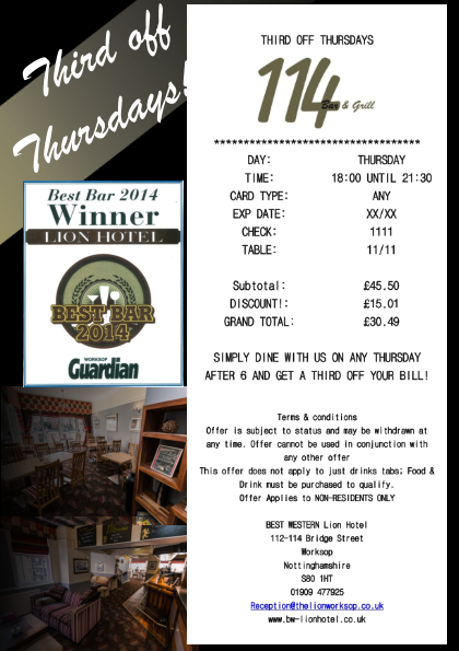 BWLionHotel's tweet image. Remember our Third off Thursdays offer! #Thursday #ThirdOff #Worksop #BESTbar #GoodFood