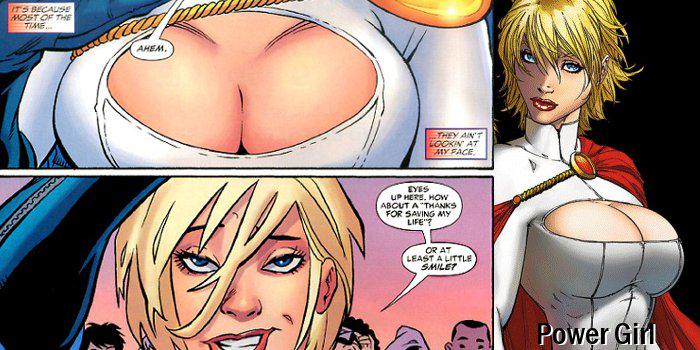 LitMediaProject's tweet image. Comics are still full of sexist designs. The &quot;boob window&quot; is ridiculous. Superman gets a giant &quot;S,&quot; but Power Girl..