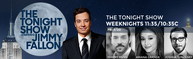 FallonTonight's tweet photo. TONIGHT: @jeremypiven, @ArianaGrande, @JoshuaTopolsky &amp; sit-in @asummersmusic! Plus Thank You Notes! #FallonTonight http://t.co/NZwoc6DLvq