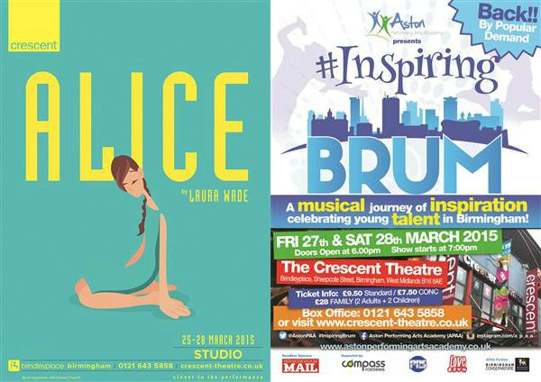 BrumHour's tweet image. At @crescenttheatre 
Mar 25-28 Alice
Mar 27/28 #InspiringBrum with @AstonPAA
#BrumHour