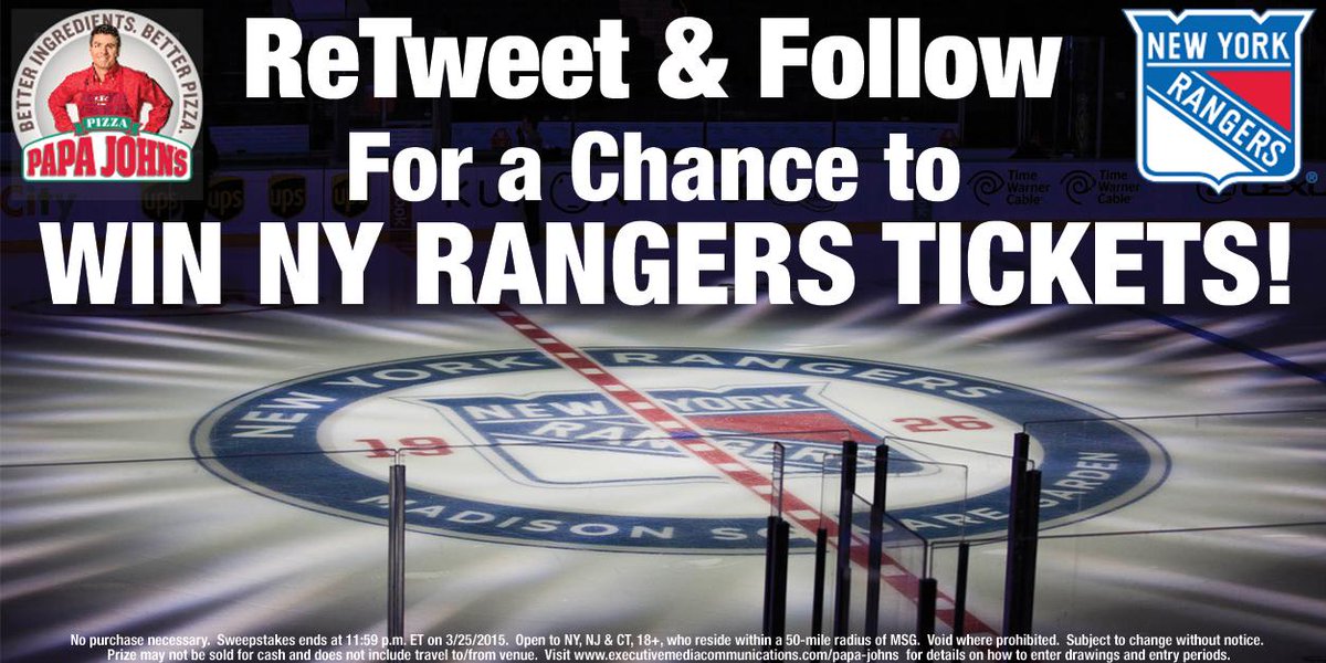 PapaJohns_NY's tweet photo. #NYR TIX GIVEAWAY! 4 fans win 2 tickets to 3/29 or 4/6 game! RT &amp; follow 4 ur chance! #RANGERS3 NoPurNecNYNJCT18+ http://t.co/2NV2nQXK31