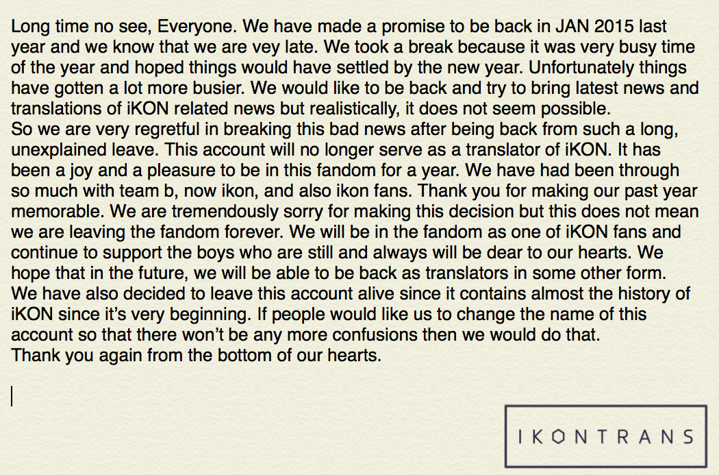 iKON_trans's tweet photo. Sorry and thank you. It has been a great honour and a pleasure to have been serve as a translator of iKON. http://t.co/u6aRyf5k1j