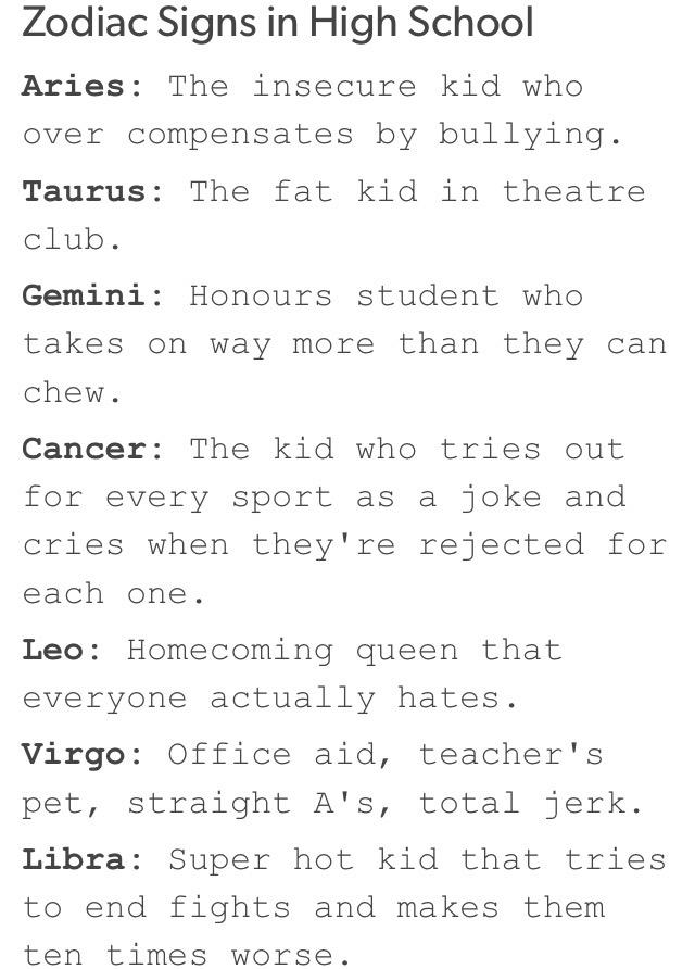 ð»ðªð¬ð±ð®ðµ ð¶ð¸ð¸ð· on Twitter: " ZODIAC SIGNS IN HIGH SCHOOL http://t.co