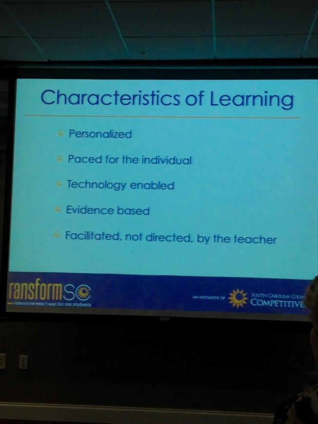 jrkeup's tweet photo. "Characteristics of Learning" for K-12 presented by @Transform_SC Peggy Torrey. Good for higher ed too. @NRCFYESIT http://t.co/ou3xxP1bRB