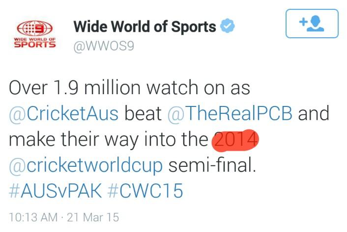 janakvaghela's tweet photo. @WWOS9 @ICC #CWC15 is being played in 2015, not 2014.
#CricketWorldCup #WWOS9suck
#WWOS9FAIL #AUSvPAK #Channel9Fail http://t.co/XPAFGBR0a7