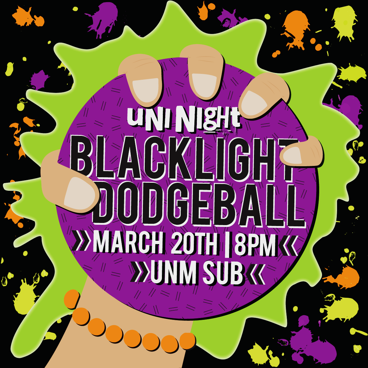 unmsub's tweet photo. Don't have any plans tonight?Then join us in the #UNM SUB tonight for some Blacklight Dodgeball hosted by #UniNight! http://t.co/hySbgNEYXL