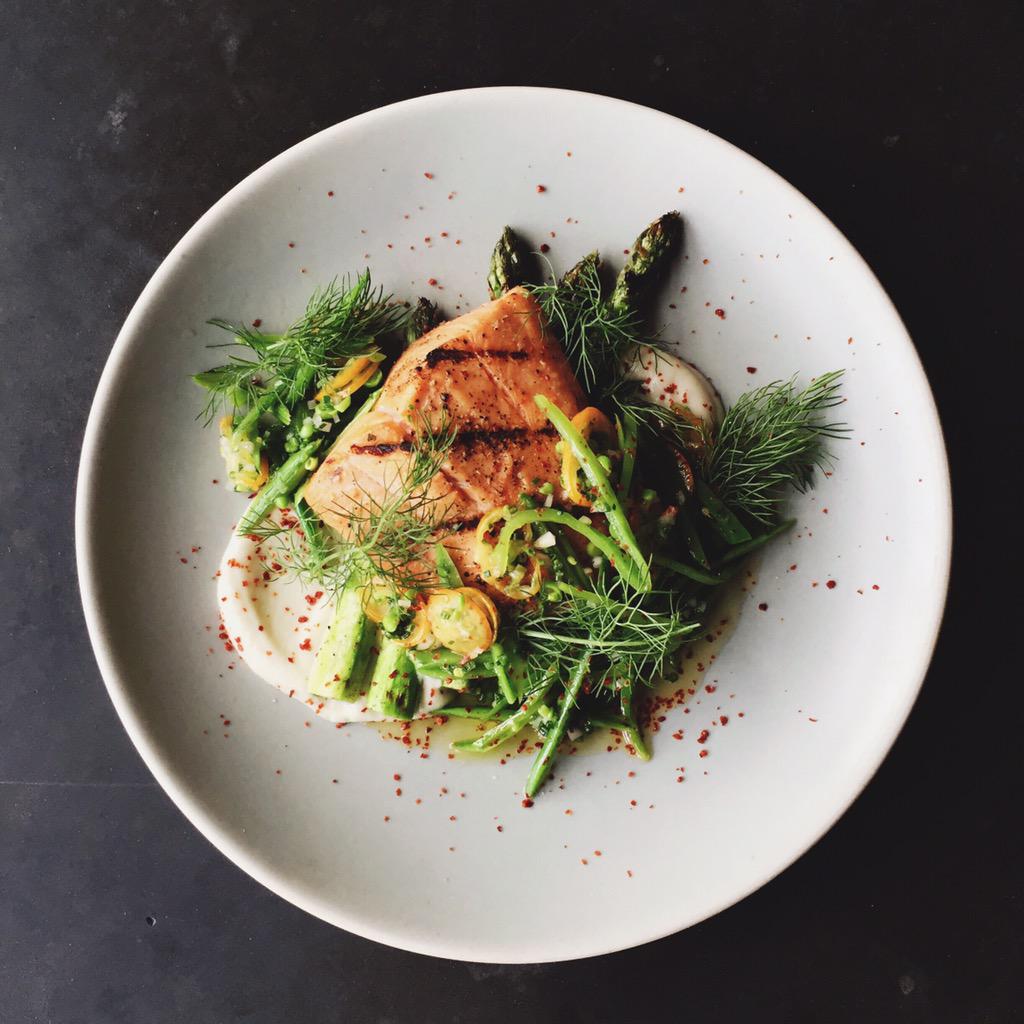 Spring is here!!!  Wild steelhead #salmon with celery root purée, <a href="/riverdogfarm/">Riverdog Farm</a> asparagus, snap peas &amp; kumquat.