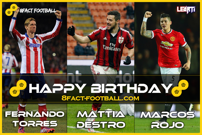 Happy Birthday : Fernando Torres (31), Mattia Destro (24), Marco Rojo (25). 